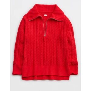 Aerie Cable Car‎ Quarter Zip Sweater Holiday Red Size Small MSRP $69.95